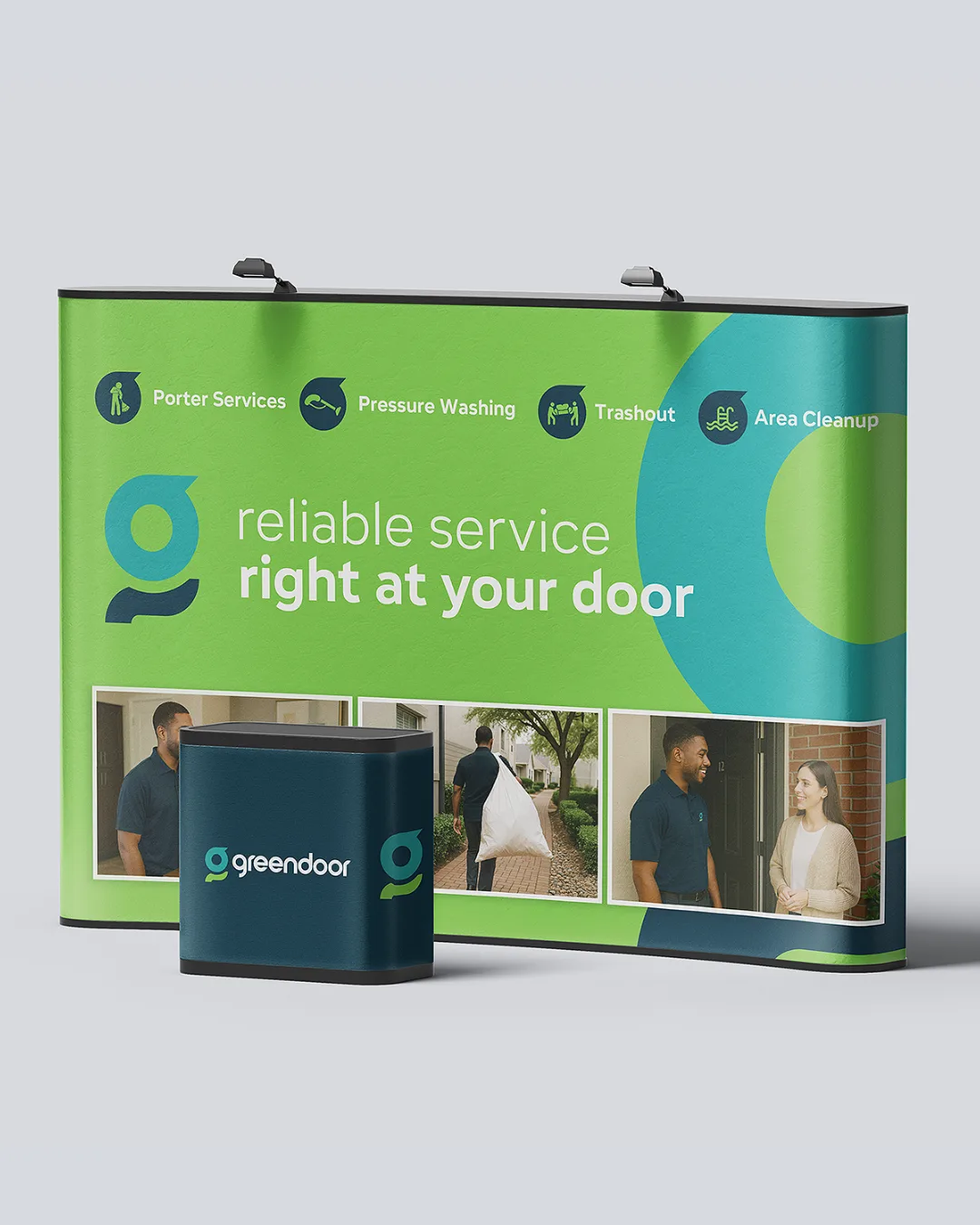 Green Door trade show booth — porter services, pressure washing, trashout, and area cleanup
