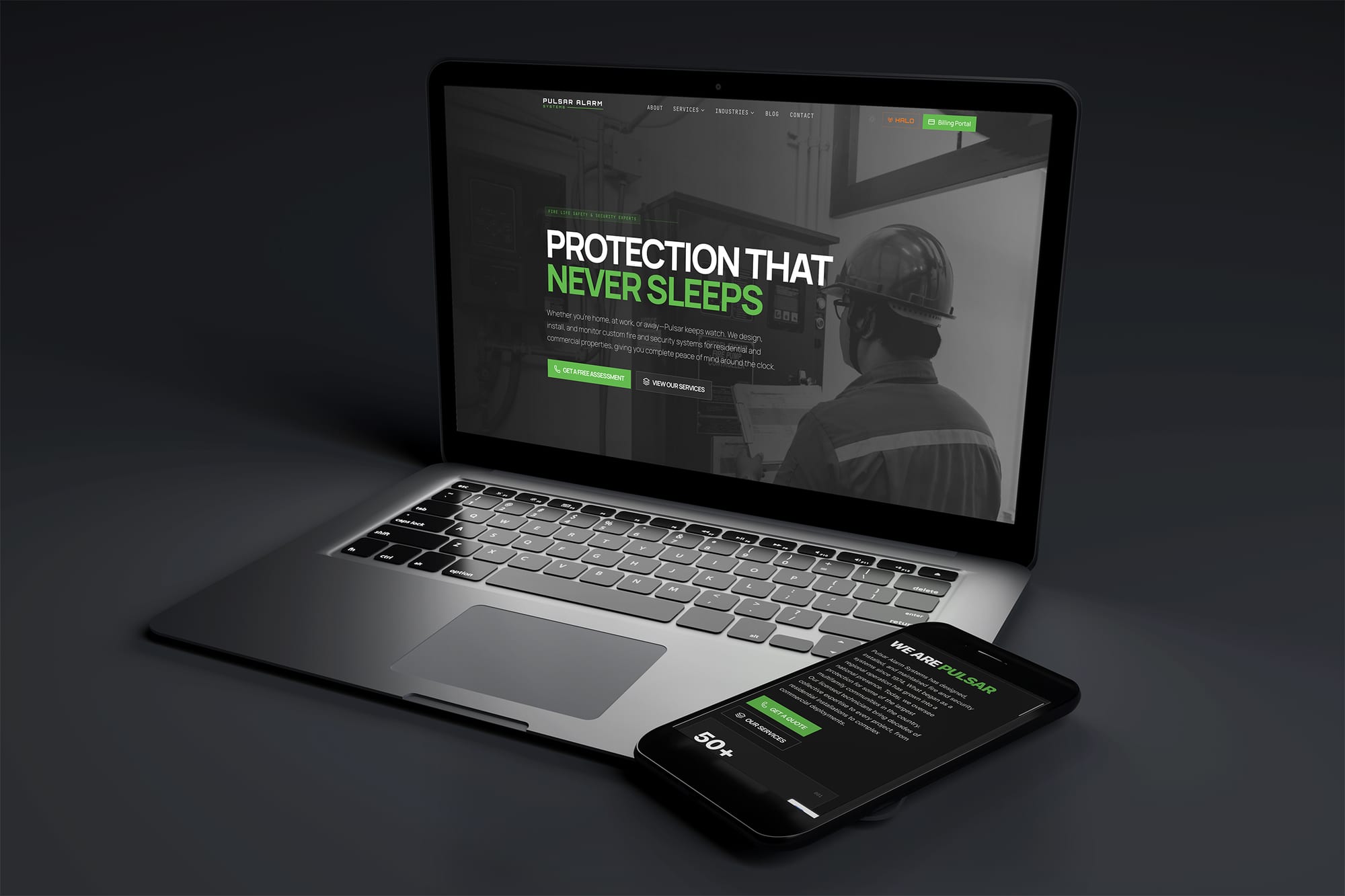 The Pulsar Alarm Systems site on a laptop and phone